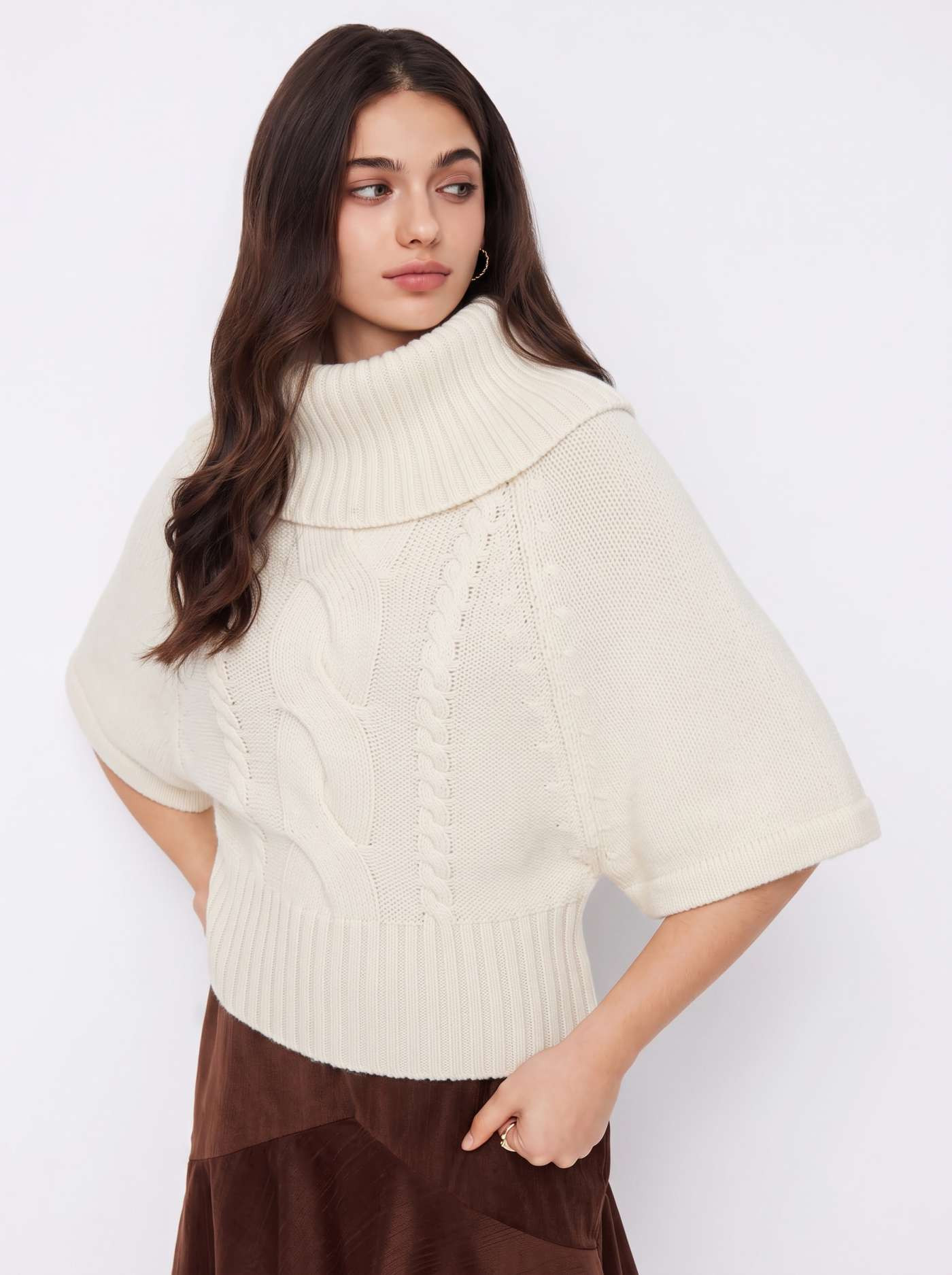 Cable Knit Wool-blend Turtleneck Mid-length Sleeve Oversized Top | Cider