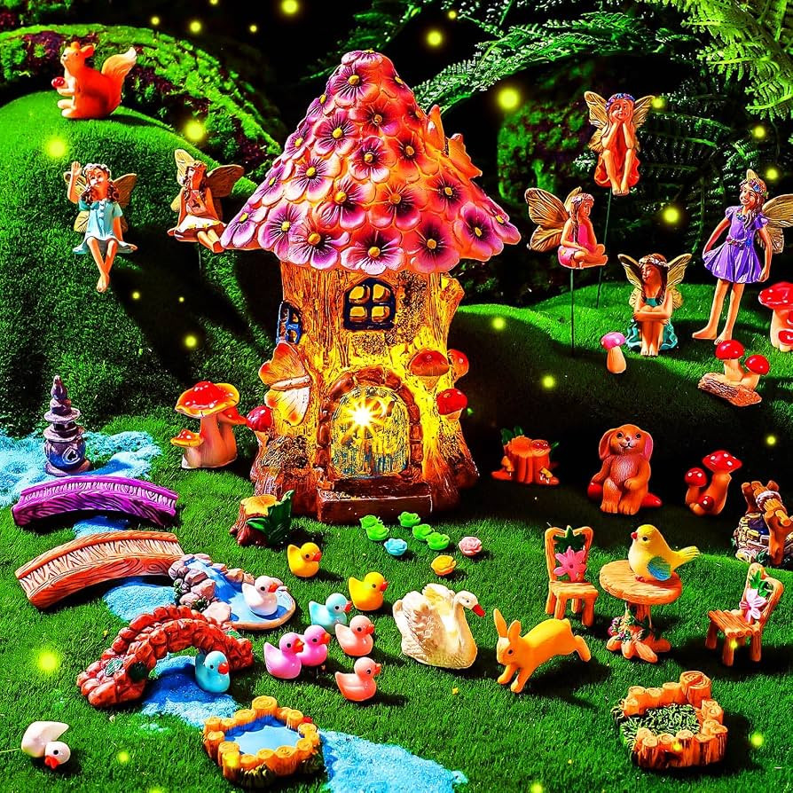 Poen 8'' Solar Fairy House Garden Accessories Miniatures Light up Fairy House 6-8 Fairy Figures G... | Amazon (US)