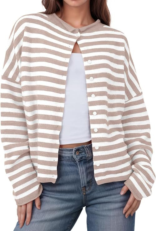 Womens Striped Cardigan Long Sleeve Button Down Knit Tops | Amazon (US)