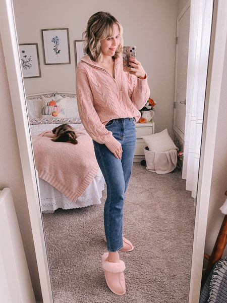 Fall ootd, cozy fall outfit, casual sweater, 1/4 zip sweater, pink cable knit sweater, target jeans, Uhg slippers

#LTKunder100 #LTKSeasonal #LTKsalealert