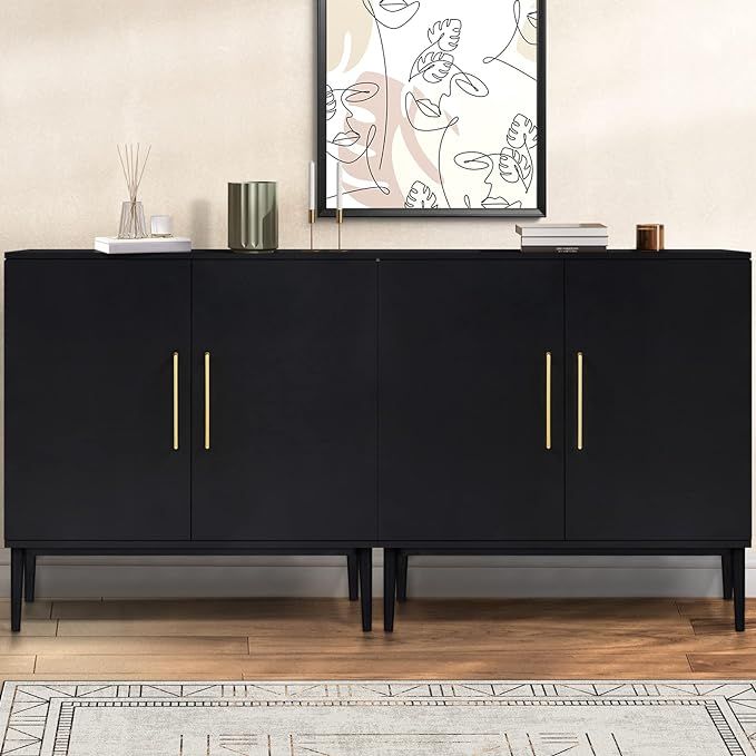 Set of 2 Black Side Storage Cabinet, Free Standing Cabinets, Wood Accent Cabinet with Doors, Blac... | Amazon (US)