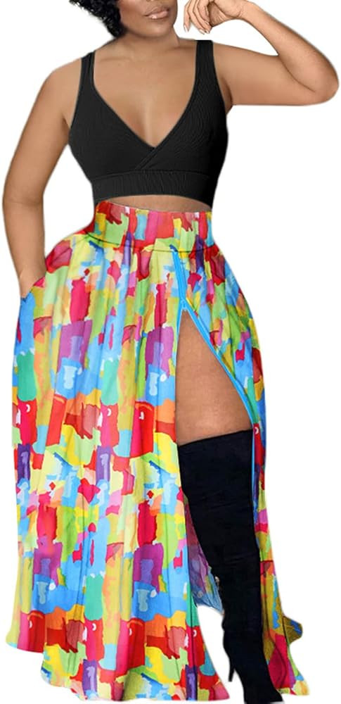 Women's Elastic Waist High Waisted Zip Up Split Floral Print Long Maxi Skirt Beach Party Skirts | Amazon (US)