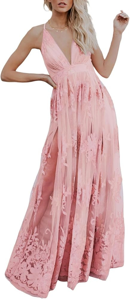 Dokotoo Womens Formal Dresses Deep V-Neck Embroidered Lace Mesh Evening Party Prom Dress Long Wed... | Amazon (US)