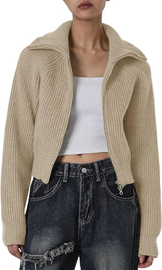 Foshow Womens Cardigan Sweaters Zip Up Casual Long Sleeve Lapel Ribbed Knit Outwear Cropped Sweat... | Amazon (US)