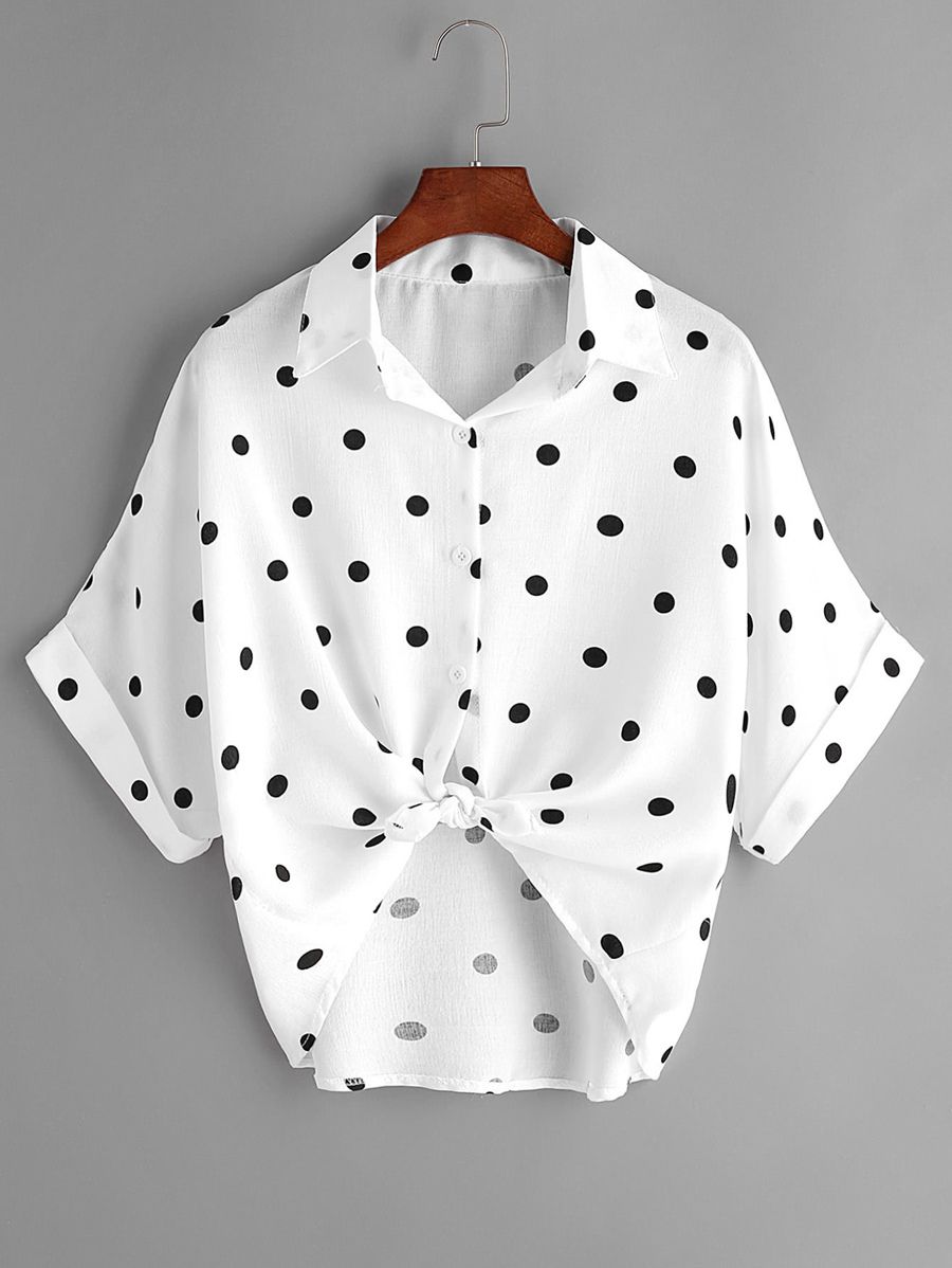 Textured Dots Knot Front Cuffed Blouse | SHEIN