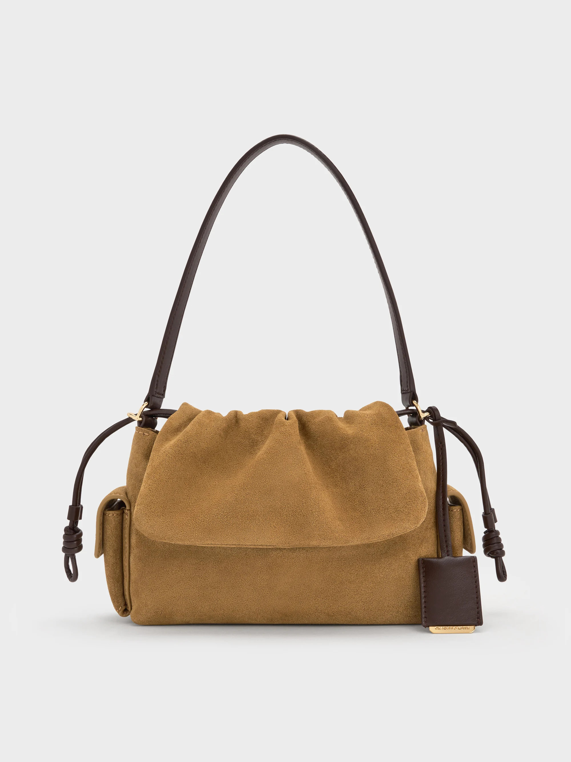 Khai Recycled Suede Ruched-Flap Side-Pocket Top Handle Bag
    
         - Sahara Sand | Charles & Keith UK