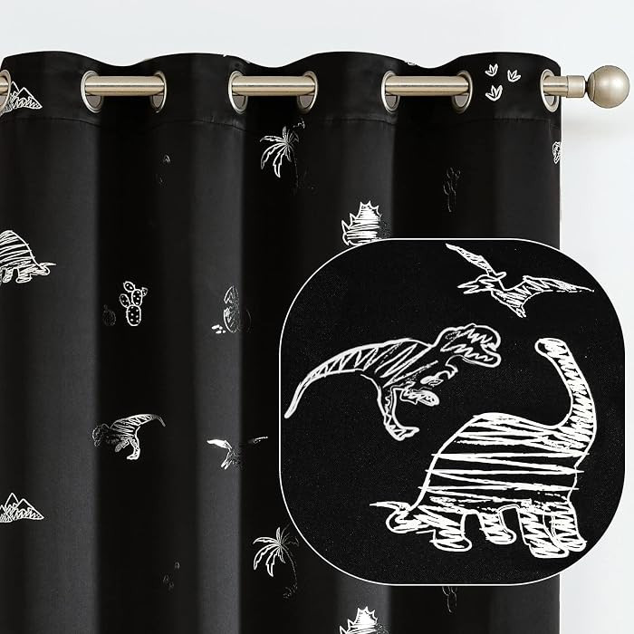 Kids Curtains Black Blackout Dinosaur Curtains for Boys Kids Nursery Girls Room Silver Dino Foil ... | Amazon (US)