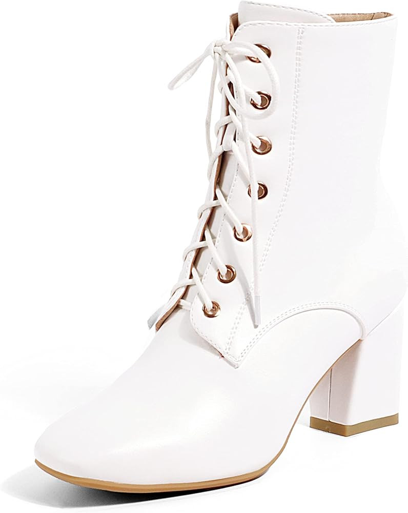 IDIFU Women's Square Toe Ankle Boots Low Block Heel Fashion Short Boots Lace Up Side Zipper Booti... | Amazon (US)