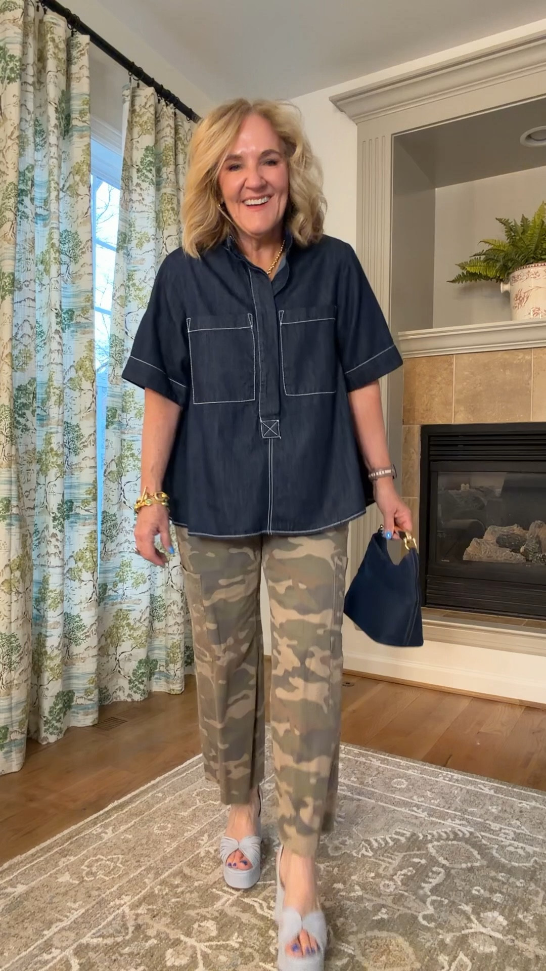 Top size small. Also comes in a black poplin 
Camo pants size medium I did cut 4” off the bottom. 
Denim purse
 CRoss necklace 20% off code TAKE20
Heels for something special true to size 
I’ll link the other pants I pants with this top too 

#LTKSaleAlert #LTKOver40 #LTKspring

#LTKMidsize #LTKOver40 #LTKootd