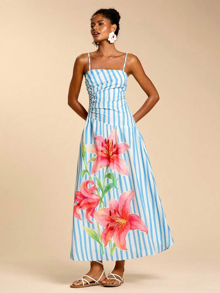 Travachic Striped Floral Print Casual Cami Dress, Spring Break Summer Vacation, Spring To Summer, Valentine's Day, Carnival Costume, Elegant Outfits For Party, Beach Outfits, Summer Vacation Outfits, Casual Outfits | SHEIN