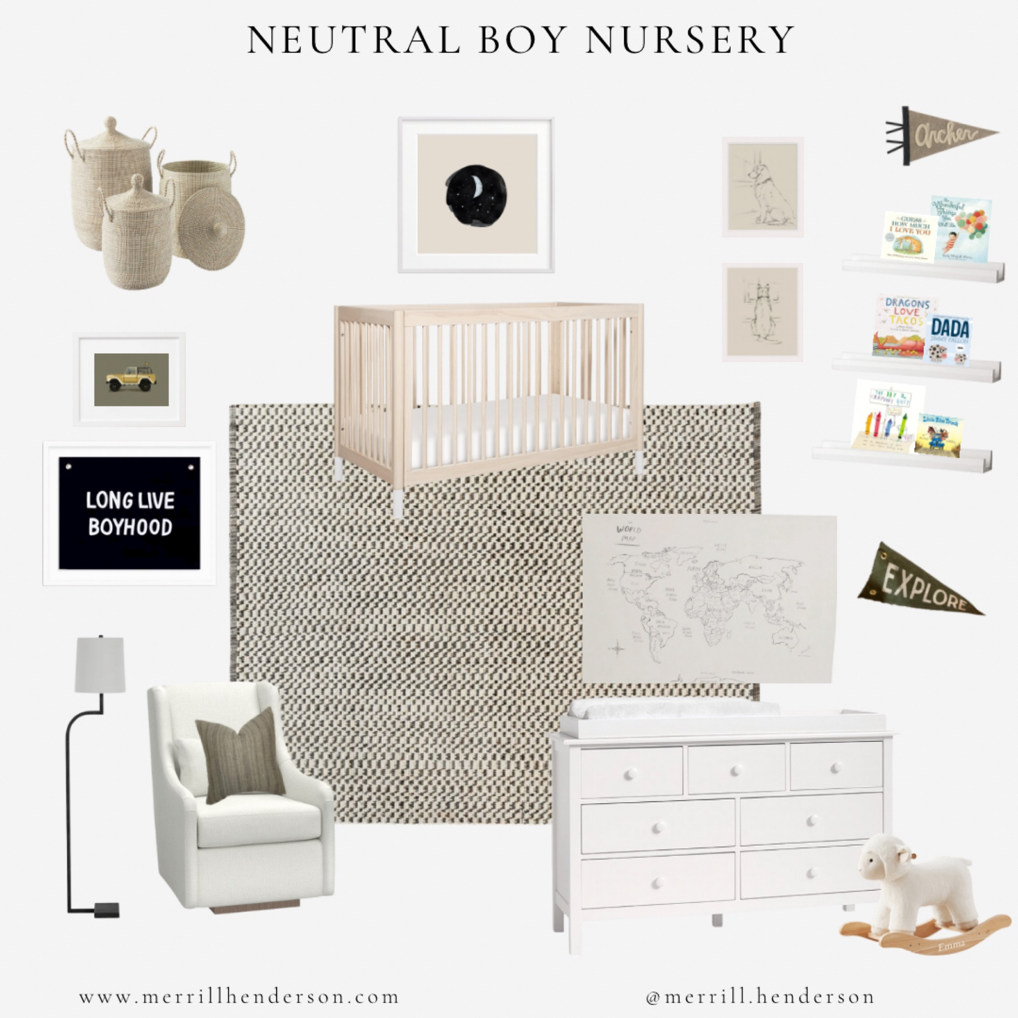 Boy nursery. Neutral nursery. Boy room. Boy bedroom. Nursery inspo. Nursery wall art. Area rug. Crib. Dresser. Wall Art. Wall decor. Collection prints. Minted Art. Bookshelves. Canvas wall map. Name pennent. Bedroom. Glider. 

#LTKbaby #LTKhome