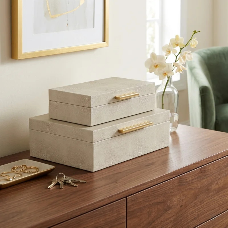 RebekaSet of 2 Rectangular Nesting Decorative Storage Boxes, Modern Embossed Finish - Cream Faux ... | Wayfair North America