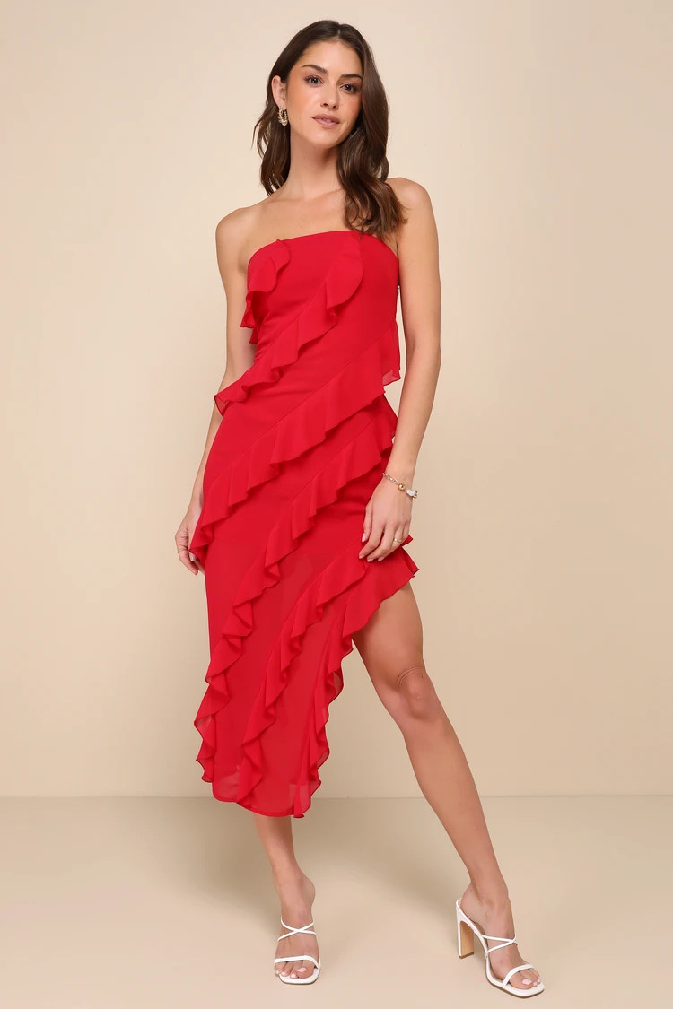 Haute Date Red Chiffon Ruffled Strapless Midi Dress | Lulus