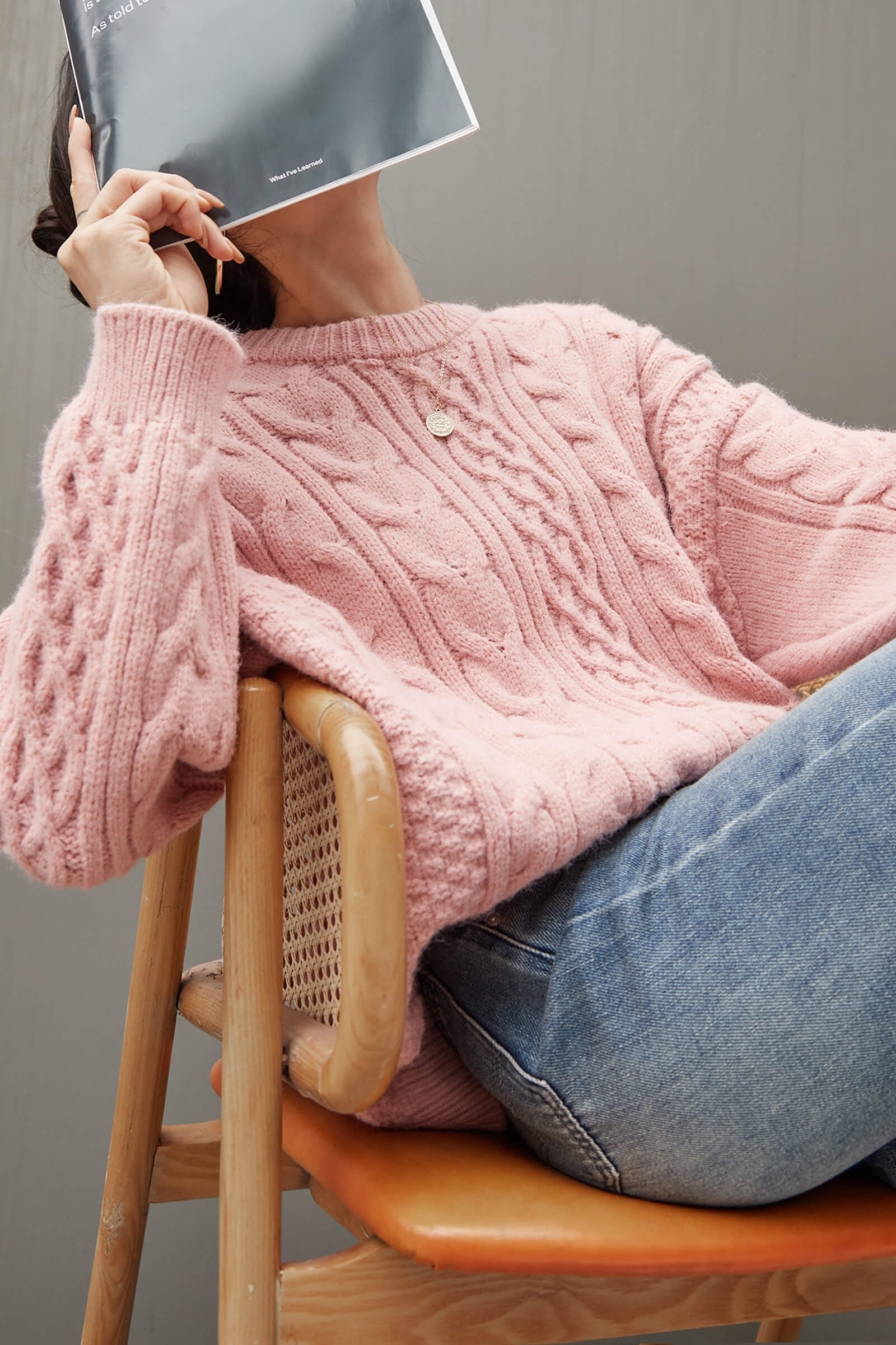 Pink Cable-Knit Drop Shoulder Sweater | J.ING