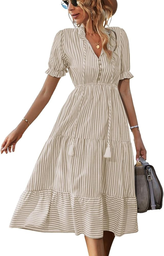 Sexyasasii Women's Summer Ruffle Puff Sleeve Dress Short Sleeve V Neck High Waist Casual Loose Strip | Amazon (US)