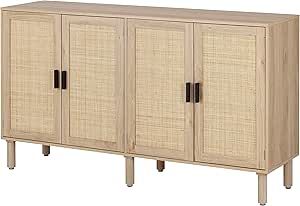 Finnhomy 4 Door Sideboard Buffet Cabinet, Kitchen Storage Cabinet with Rattan Decorated Doors, Cu... | Amazon (US)