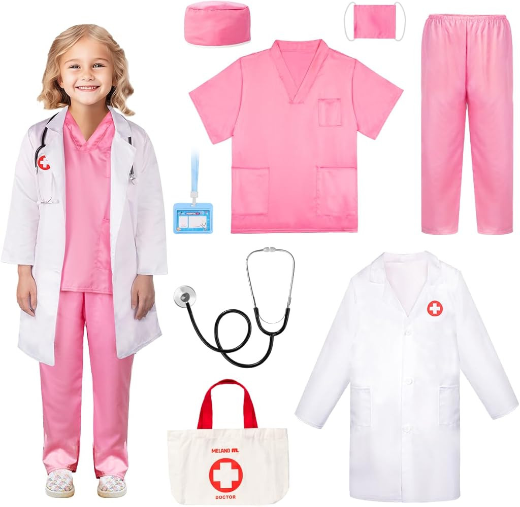 Meland Doctor Costume for Girls - Kids Scrubs with Lab Coat & Carry Bag, Doctor Dress Up for Hall... | Amazon (US)