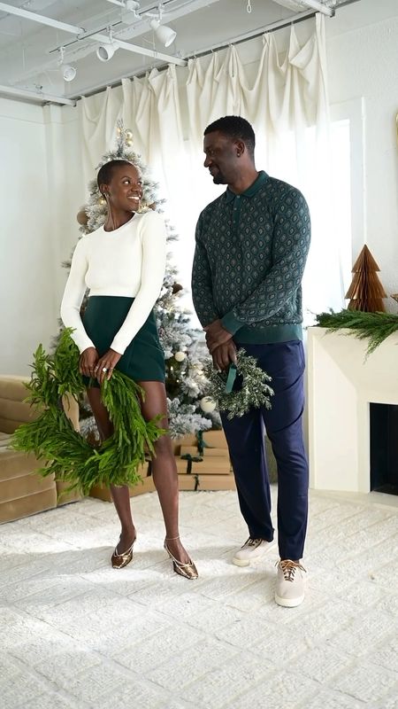 Couples holiday outfits! Dark green wrap skirt, cream ribbed bodysuit with gold sequins heels for her and green pattern long sleeve sweater with navy trousers for him  

#LTKHoliday #LTKfamily #LTKVideo