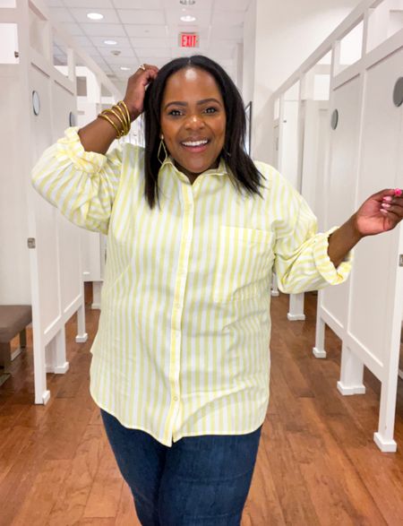 Yellow striped oversized boyfriend style button up from LOFT. You can keep your normal size. I’m
Wearing the XL. 💛 

#LTKunder100 #LTKworkwear #LTKFind