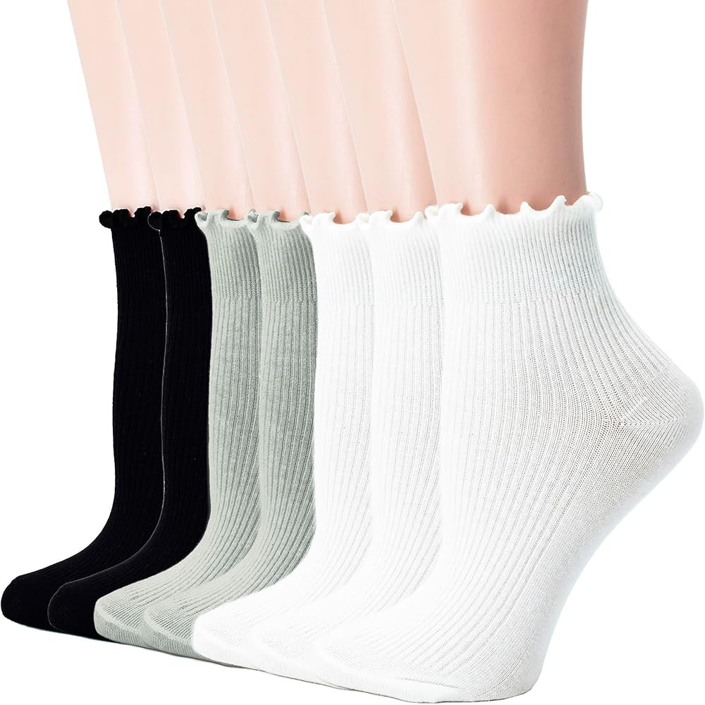 Women's Trim Ruffle Frilly Turn Cuff Socks Cute Vintage Dress Socks Crew Ankle Boot Socks | Amazon (US)