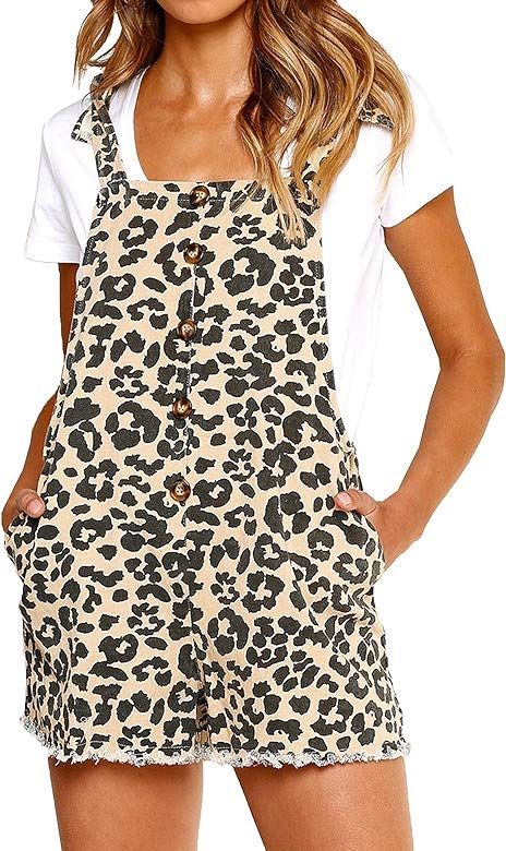 Women Leopard Bib Overalls Sexy Strap Backless Summer Beach Romper Jumpsuit with Pockets | Amazon (US)