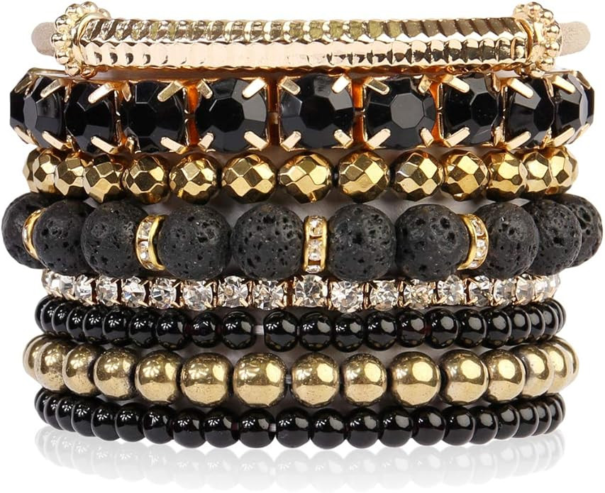 RIAH FASHION Multi Color Stretch Beaded Stackable Bracelets - Layering Bead Strand Statement Wrap... | Amazon (US)