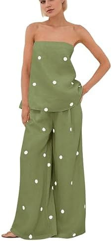 MSBESYOR Women 2 Piece Polka Dot Tube Top Set Strapless Bandeau Blouse Wide Leg Spot Print Pants ... | Amazon (US)