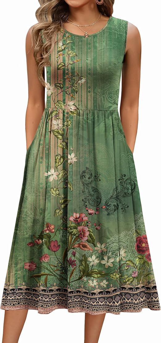 Zeagoo Women's Summer Tank Midi Dress with Pockets Floral Sleeveless A-Line Casual Loose T-Shirt ... | Amazon (US)