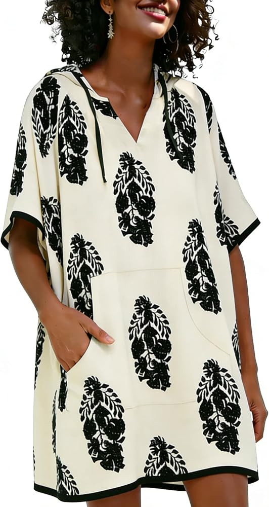 Women's Summer Terry Cloth Beach Swimsuit Cover Up Hooded V Neck Swimwear Dress Resort Wear with ... | Amazon (US)