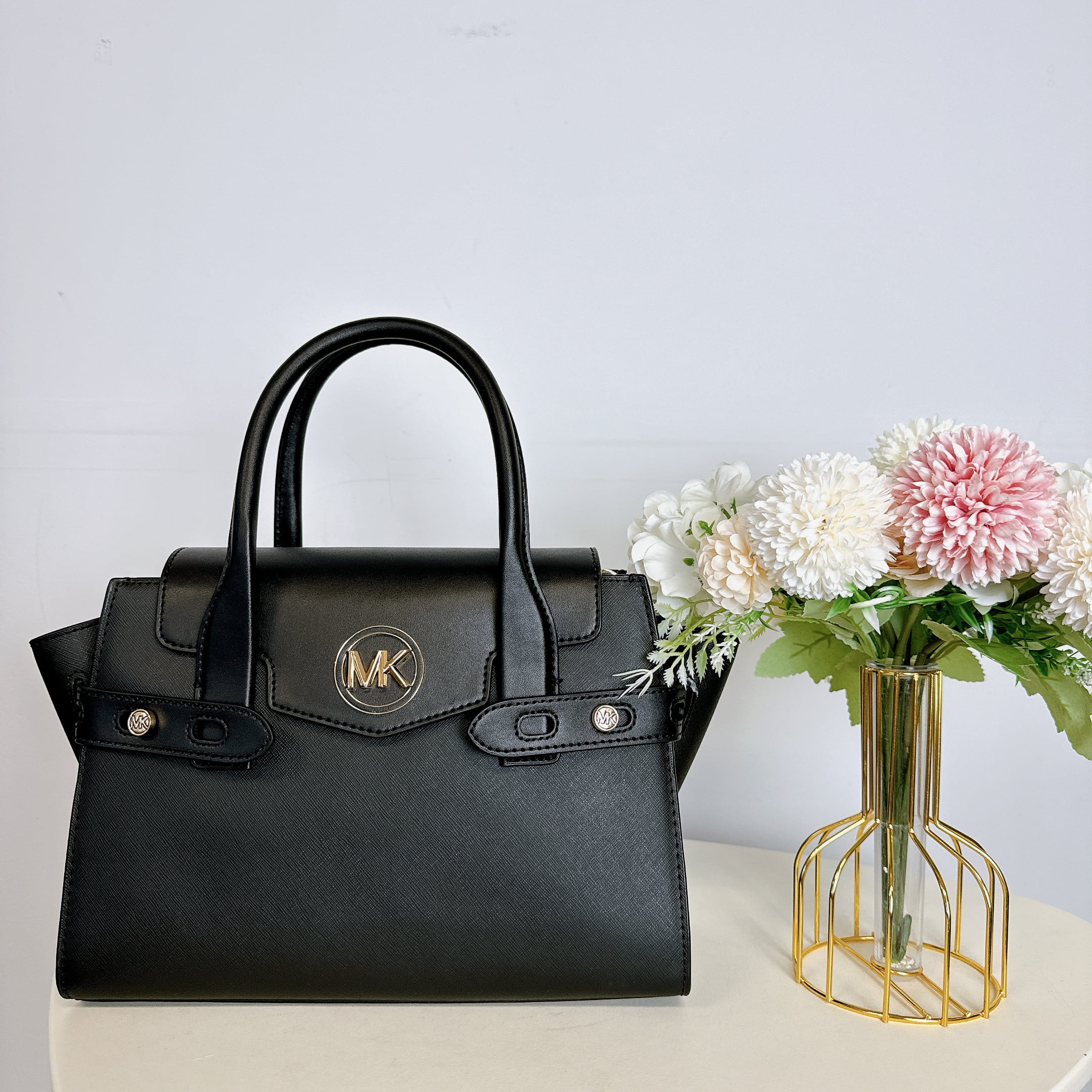 Michael Kors 35S2Gnms8L Carmen Medium Faux Leather Belted Satchel Black | Walmart (US)