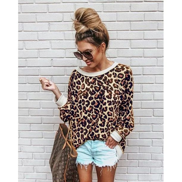 New Women's Sexy Leopard Printed Shirts Round Neck Long-Sleeved Blouses Tops - Walmart.com | Walmart (US)