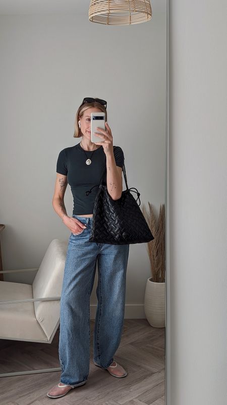 The best basics 🫶🏼
 
Skims Basic fitted t-shirt
Levis baggy dad jeans
Kurt Geiger leather bag
Mango white mesh ballet flats 
COS cord pendant necklace
Prada symbole sunglasses

Simple outfit for everyday errands 

