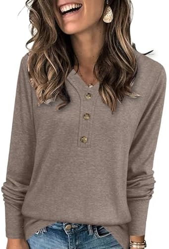 Womens Tops Long Sleeve Shirts Fall Winter Casual V Neck Button Knit Pullover Lightweight Tunic B... | Amazon (US)