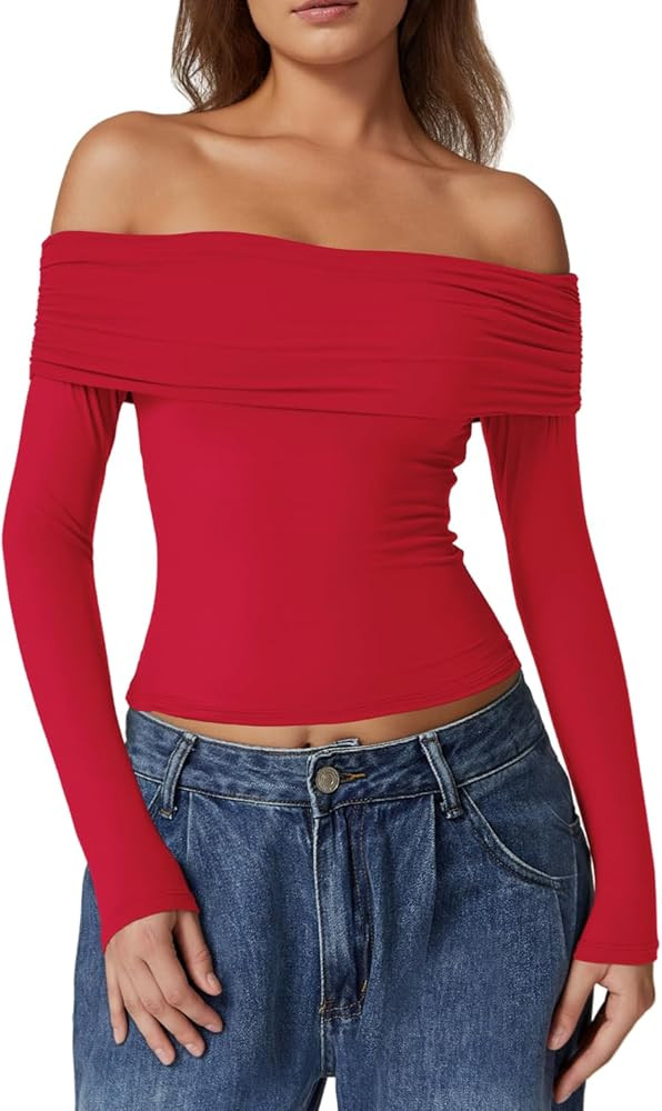 QINSEN Womens Off The Shoulder Tops Double Lined Long Sleeve T Shirts Slim Fitted Stretchy Crop T... | Amazon (US)