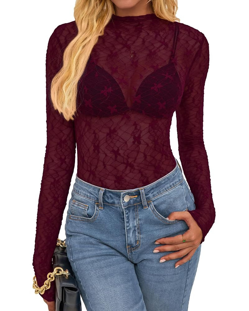 BTFBM Lace Tops for Women 2025 See Through Mesh Top Crew Neck Long Sleeve Fitted Sheer Party Club... | Amazon (US)