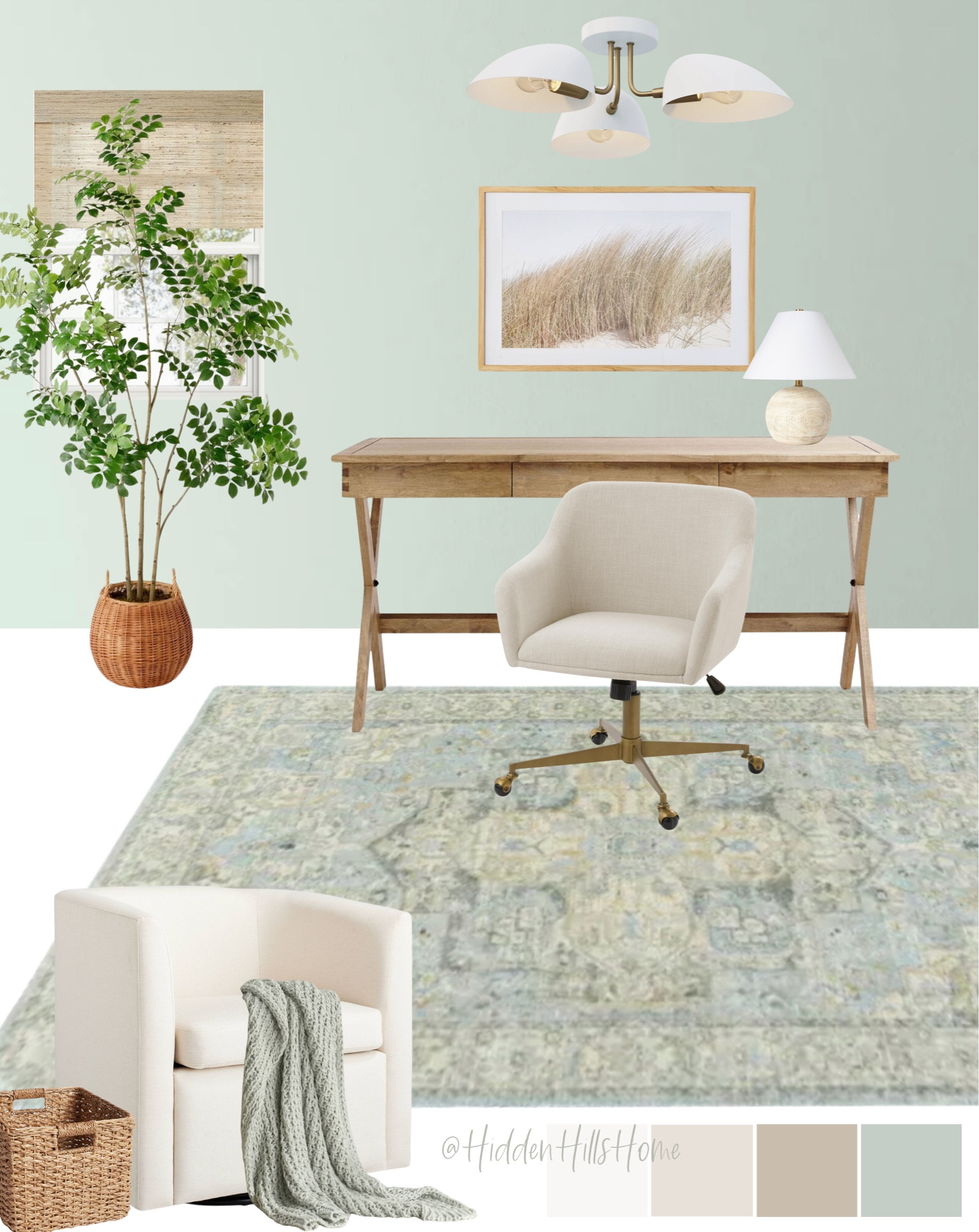 Home Office, office decor ideas, cozy coastal home office inspiration, office desk #homeoffice
Wall color is BM Colony Green

#LTKStyleTip #LTKSaleAlert #LTKHome