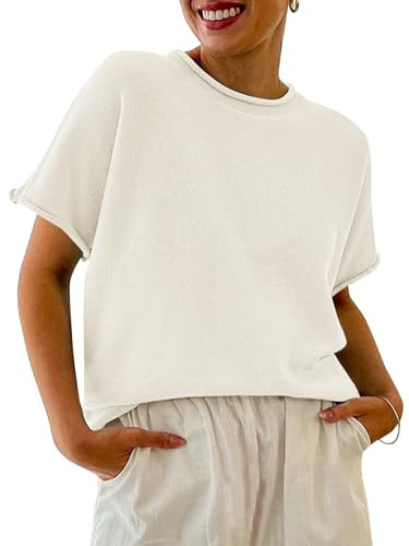 Saodimallsu Womens Short Sleeve Sweater Tops Basic Lightweight Casual Crewneck Summer Loose Fit Knit Tees Shirts White | Amazon (US)