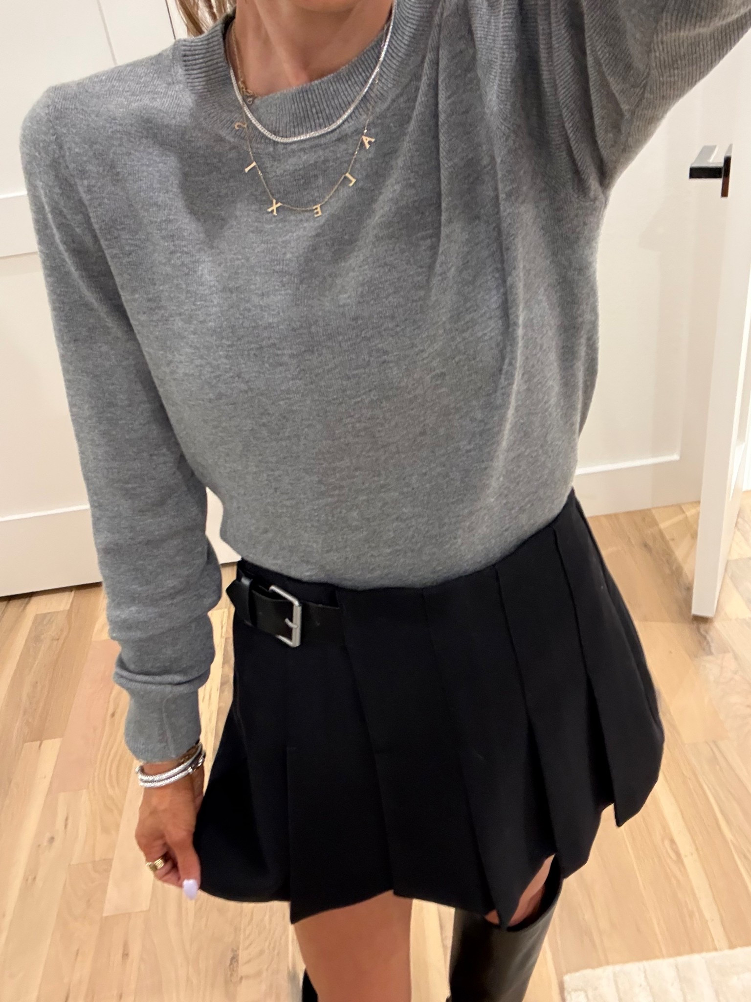 Last minute holiday outfit idea black skirt with buckle size xxs, super soft grey sweater Amazon smallest size  

#LTKHoliday #LTKFindsUnder50 #LTKFindsUnder100