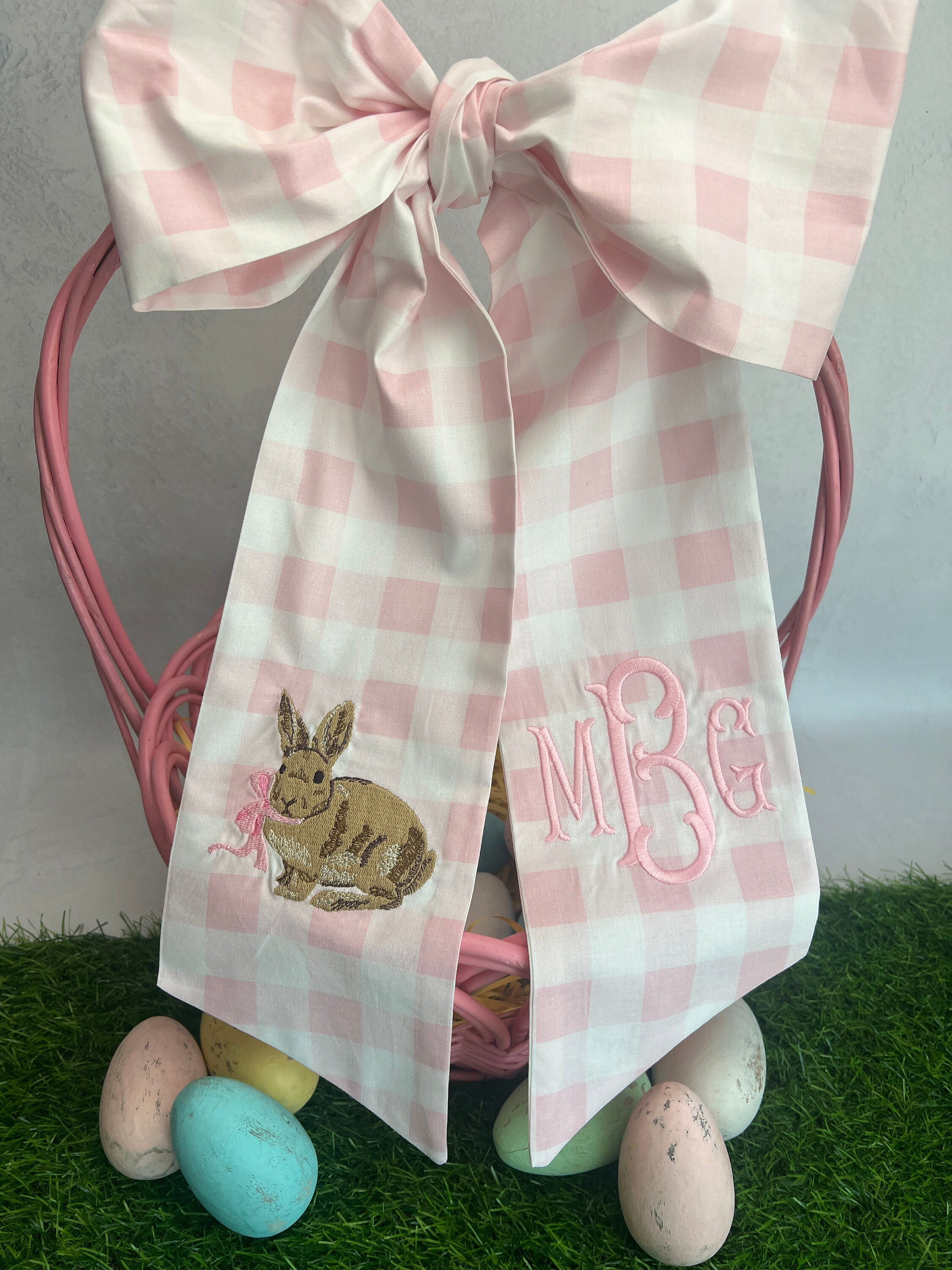 Easter Basket BOW With Triple Monogram, BUNNY W/bow 70 LONGER Custom Bow, Gingham Bow, Rabbit Bow... | Etsy (US)