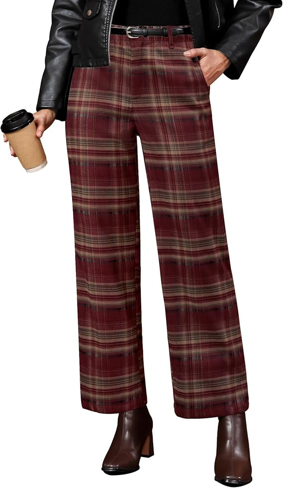 GRAPENT Plaid Pants for Women Wide Leg High Waisted Tartan Work Business Casual Elastic Waist Tro... | Amazon (US)