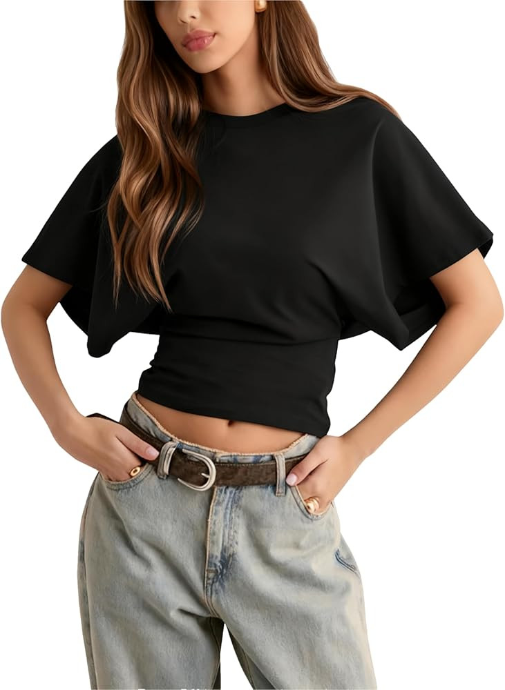 Lumister Shirts for Womens Crewneck Tighten Waist T-Shirt Casual Short Sleeve Workout Tops Solid ... | Amazon (US)