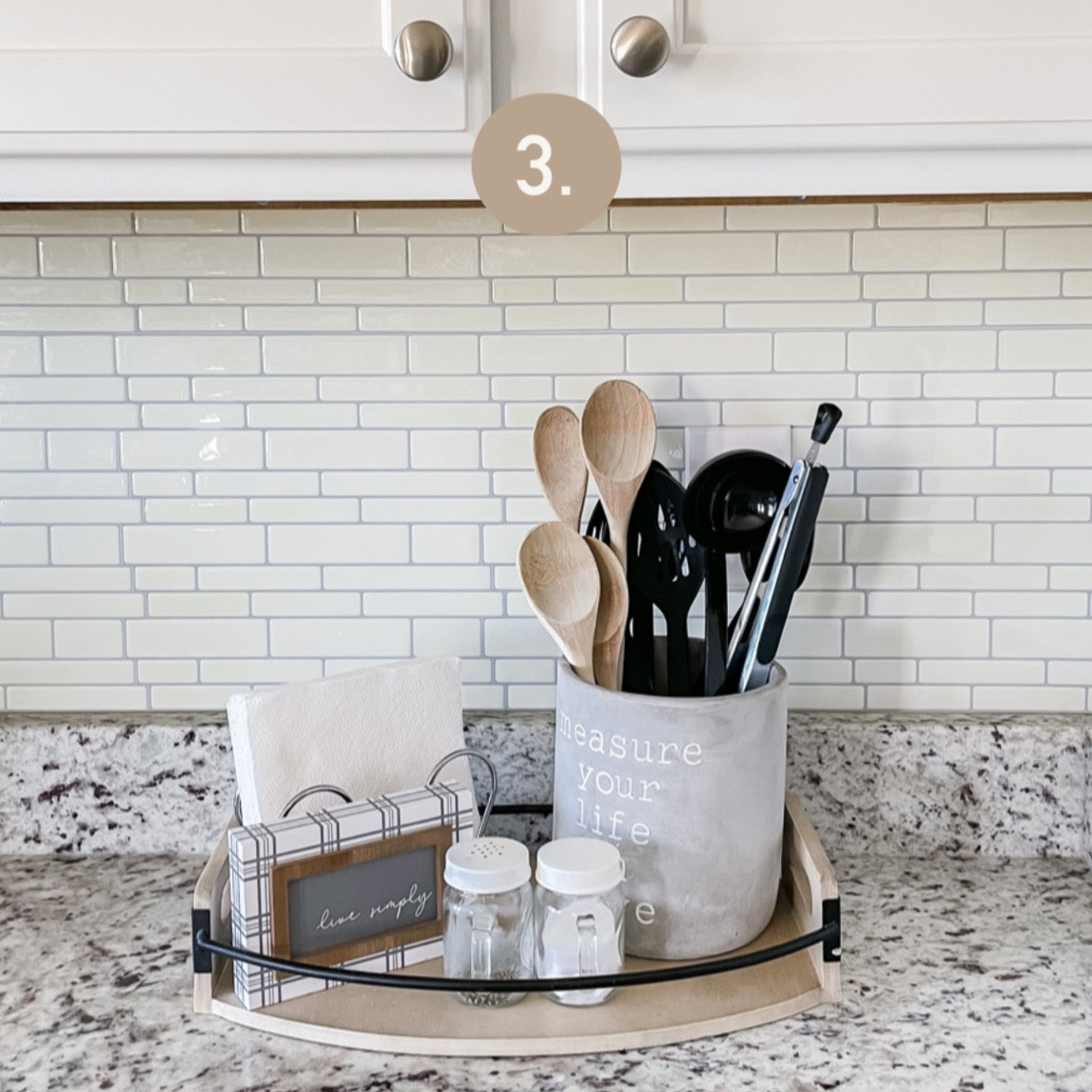 Utensil kitchen counter styling
Tray
Utensil holder
Wooden spoons
Salt and Pepper Shakers
Wooden sign

#LTKhome #LTKunder50