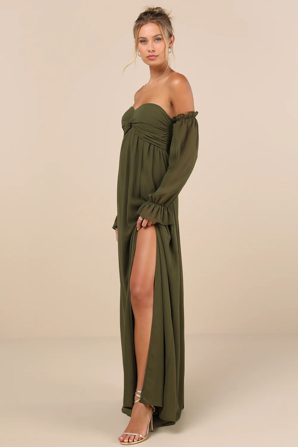 Glorious Invite Olive Green Knotted Off-the-Shoulder Maxi Dress | Lulus