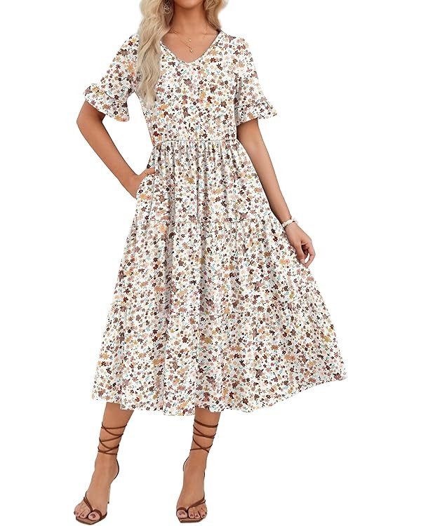 Zeagoo Women's Summer Dresses Midi Tiered Casual Dress Floral V Neck Ruffle Short Sleeve Flowy Be... | Amazon (US)