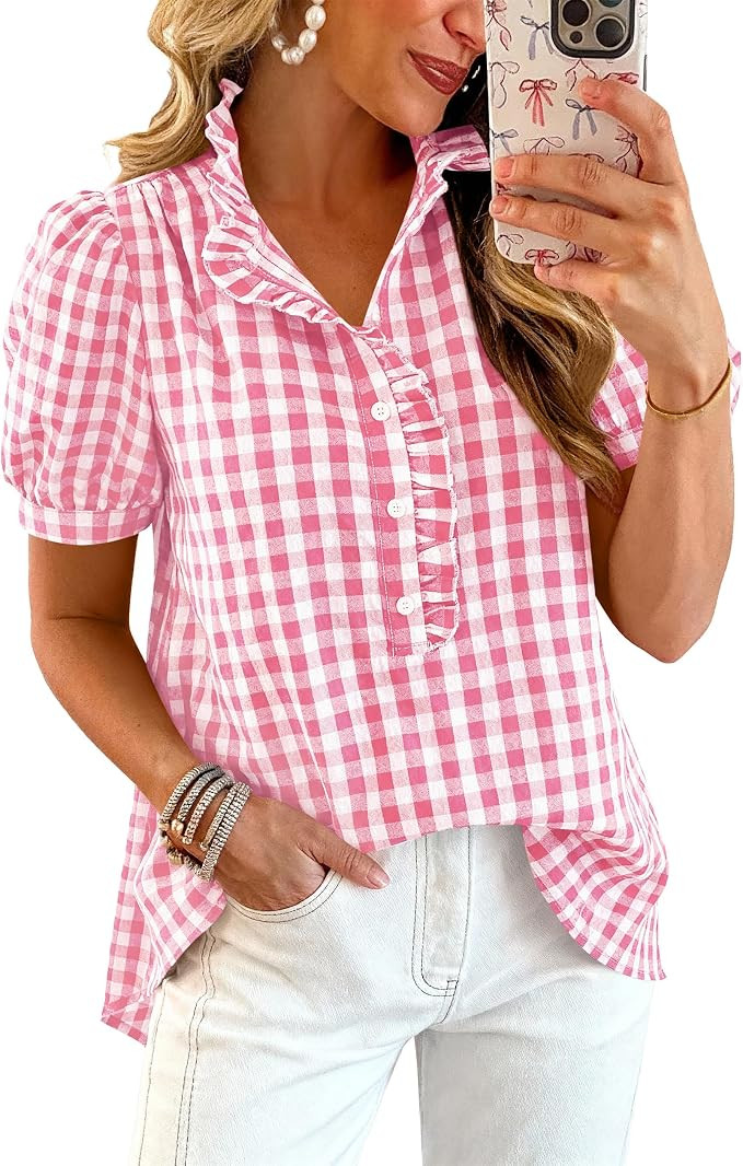 MASCOMODA Womens Puff Short Sleeve Summer Tops Striped Plaid Ruffle V Neck Button Down Shirts Bus... | Amazon (US)