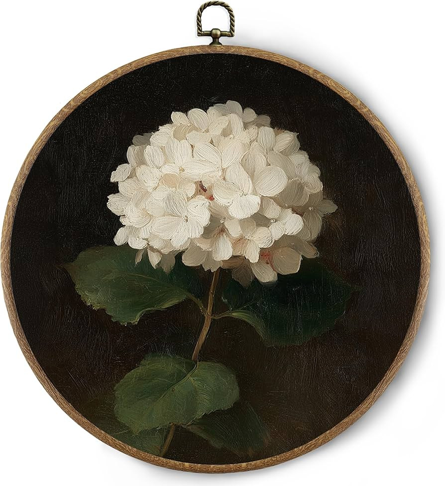 BitKAM Vintage Hydrangea Floral Round Wall Art Decor, Cottagecore Moody White Hydrangea Canvas Pr... | Amazon (US)