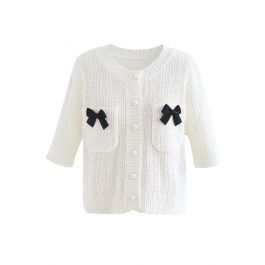 Bowknot Decorated Button Down Knit Cardigan in White | Chicwish