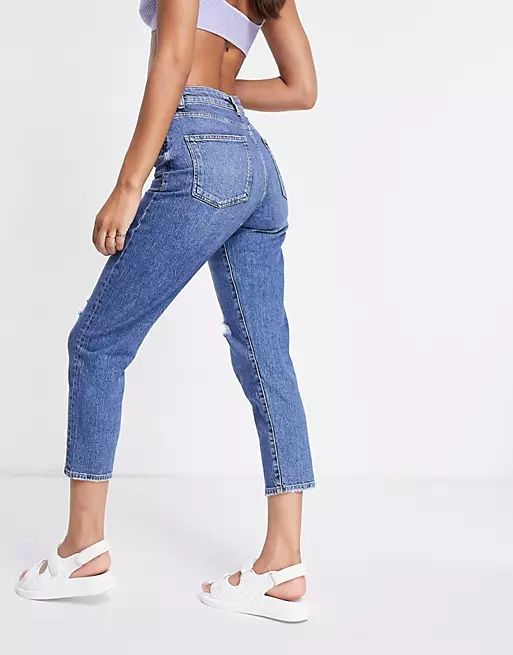 New Look ripped mom jean in mid blue | ASOS (Global)