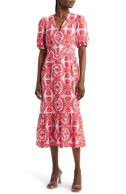Adelyn Rae Luisa Embroidered Cotton Midi Dress in Lilac/Red at Nordstrom, Size X-Large | Nordstrom