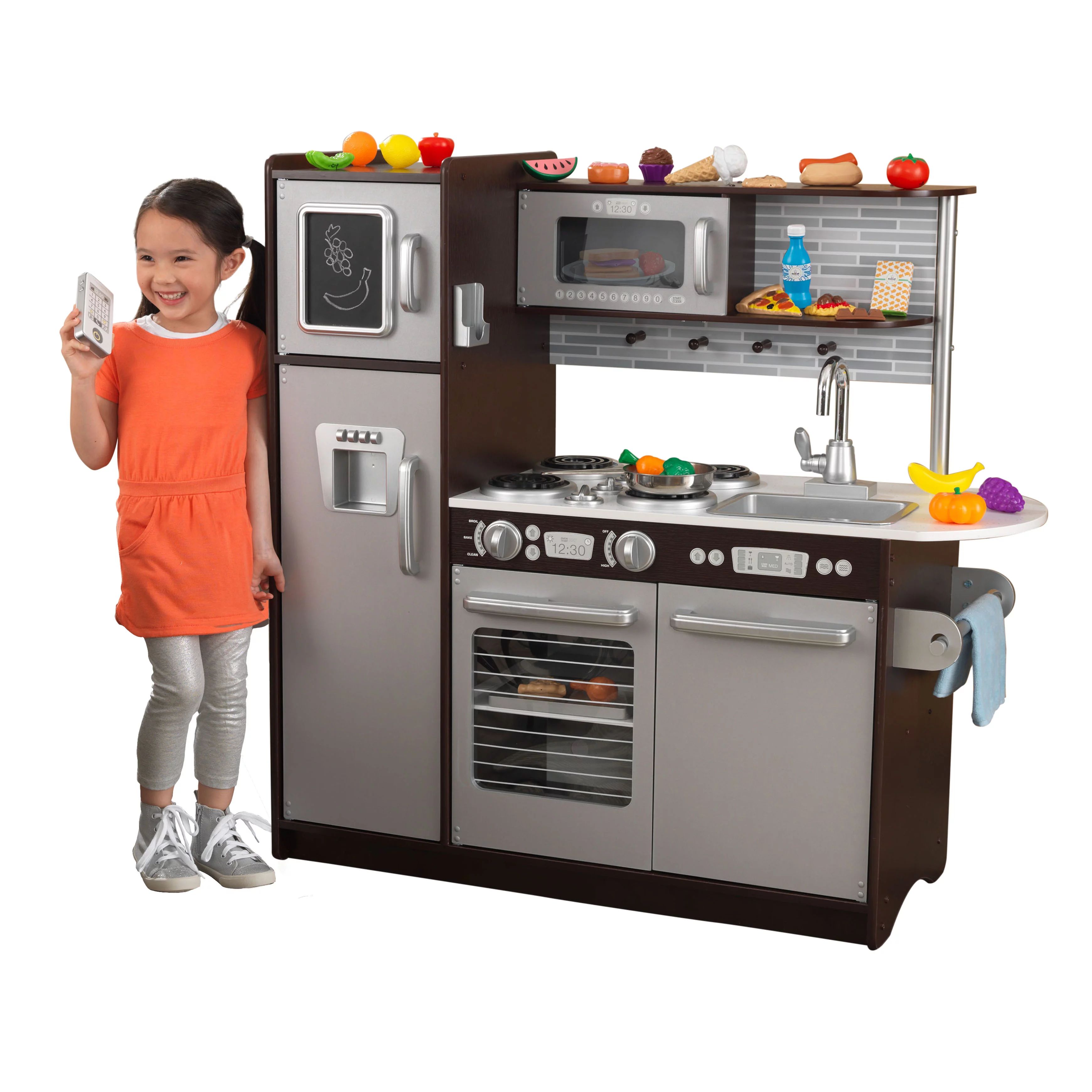 KidKraft Uptown Espresso Play Kitchen with 30 Piece Play Food Accessory Set | Walmart (US)